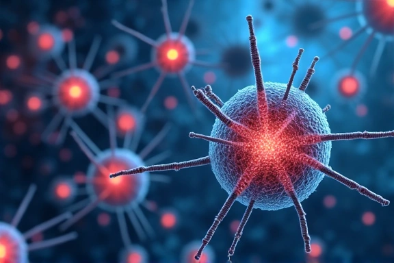 Abstrakcyjny obraz naukowy przedstawiający molekuły i komórki, symbolizujący zdrowie komórkowe i procesy metaboliczne.