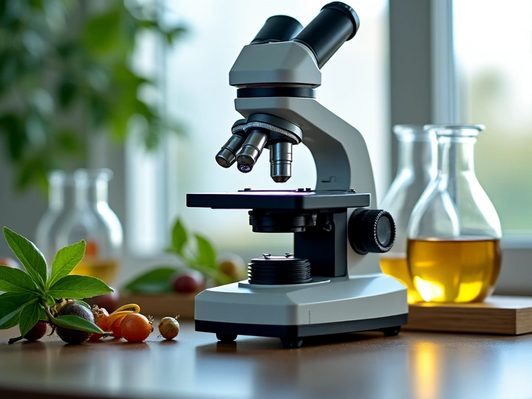 Mikroskop badający naturalne składniki roślinne w laboratorium, symbolizujący naukowe podejście do natury.