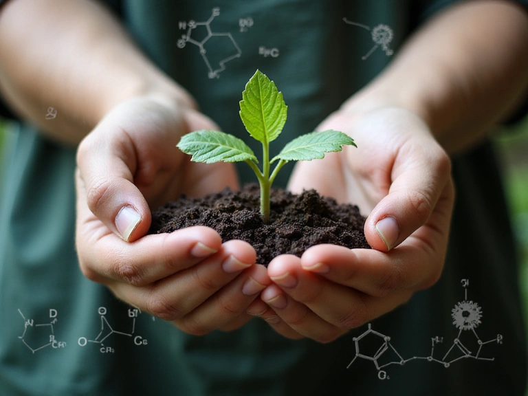 Symbolizujące misję ręce wspierające rosnącą roślinę, z elementami naukowymi w tle.